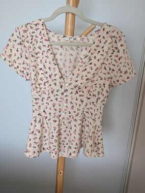 Blush Cream Floral Button-Peplum Blouse with Pink Roses